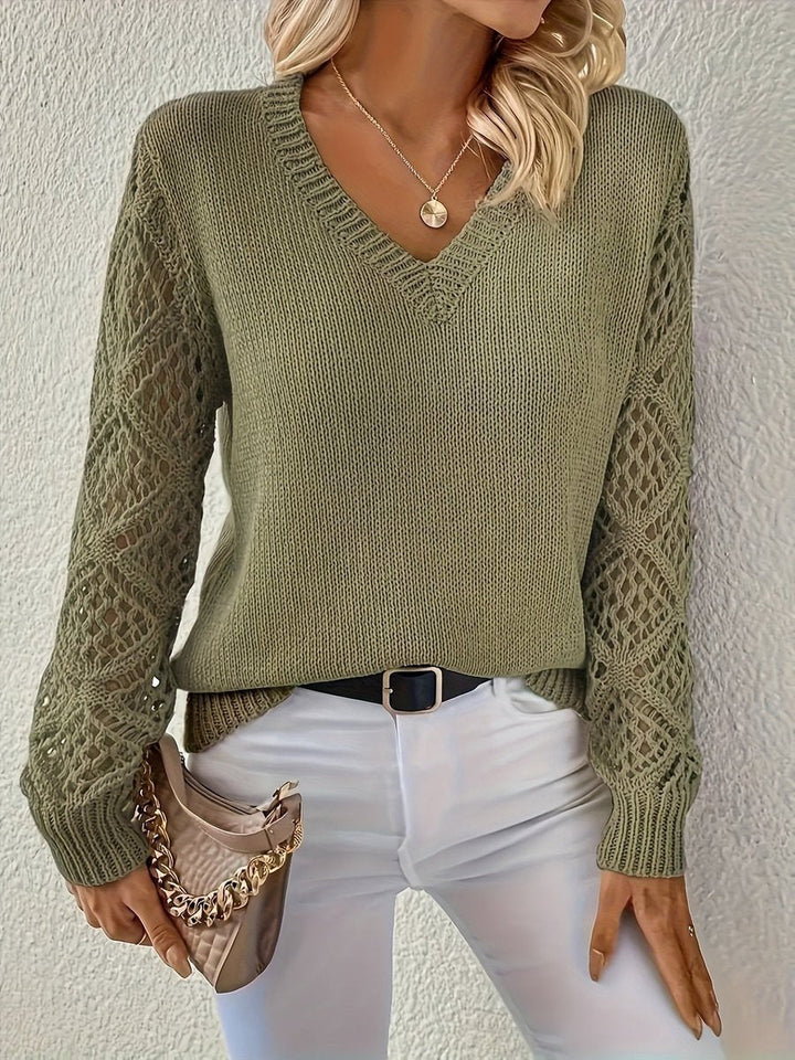 Lindar | Knit Sweater – V-Neck Design with Lace Sleeves for Women