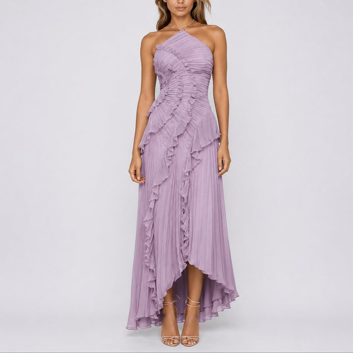Beatrice | Fall Wedding Pleated Ruffle Halter Maxi Dress