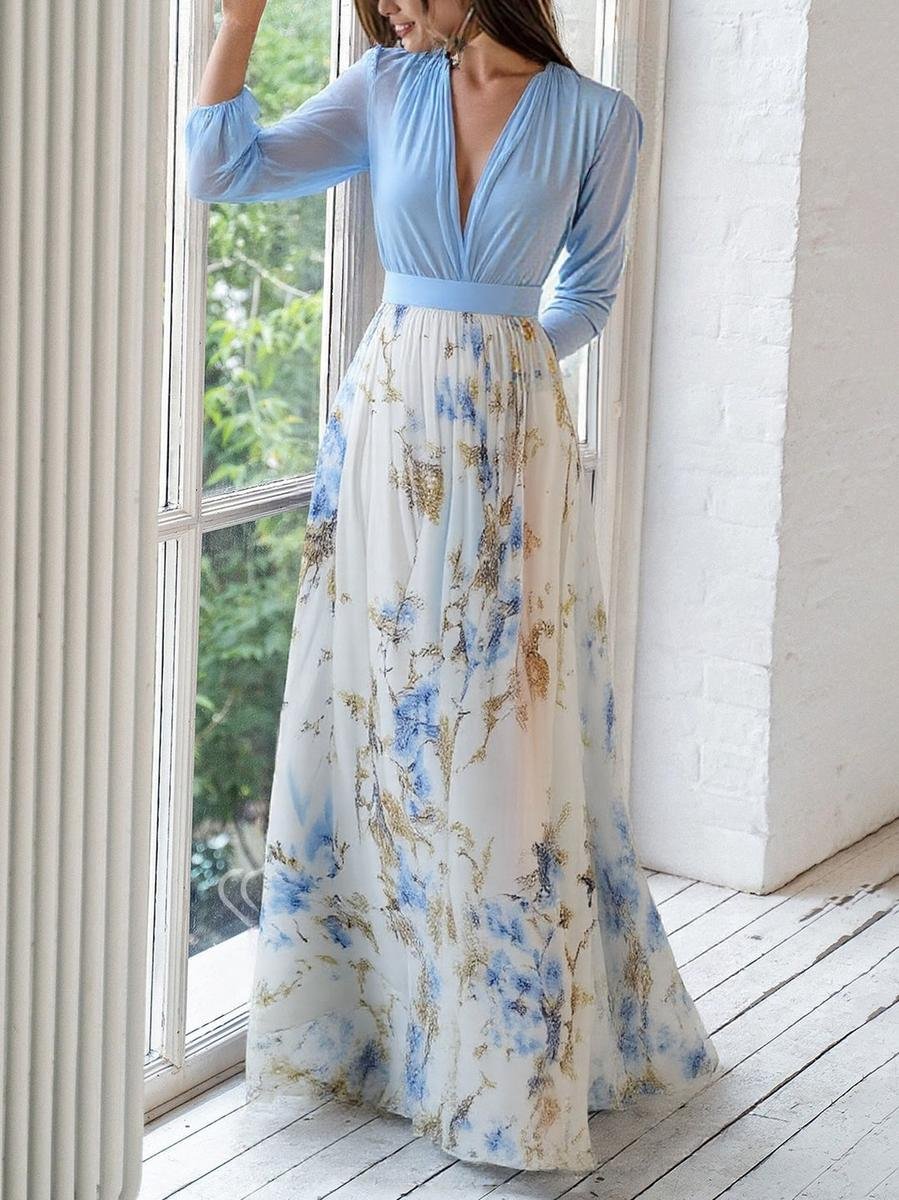 Camille | Elegant Floral Long-Sleeved Maxi Dress with Flowing Chiffon