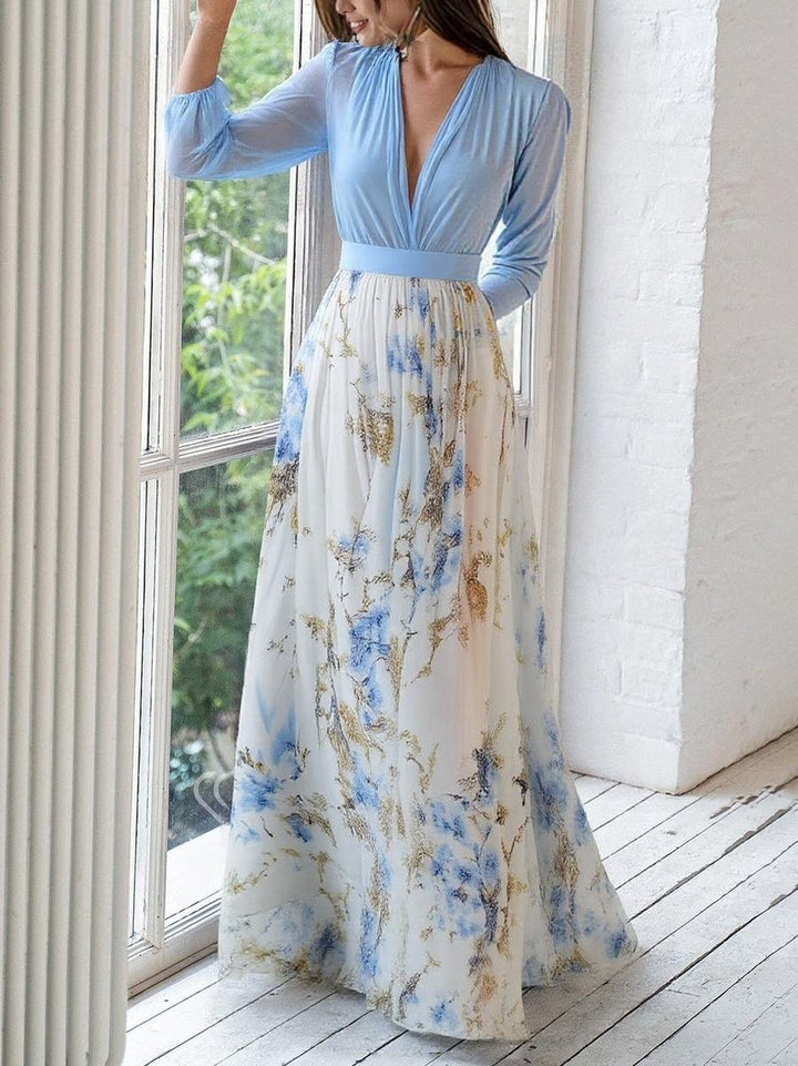 Camille | Elegant Floral Long-Sleeved Maxi Dress with Flowing Chiffon