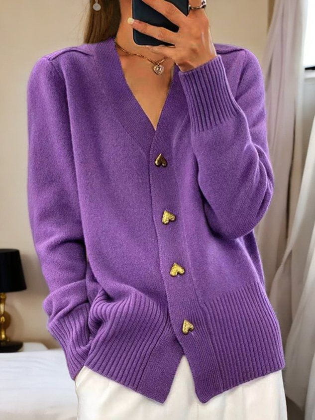 Chloe | Charming Heart-Button V-Neck Knit Cardigan