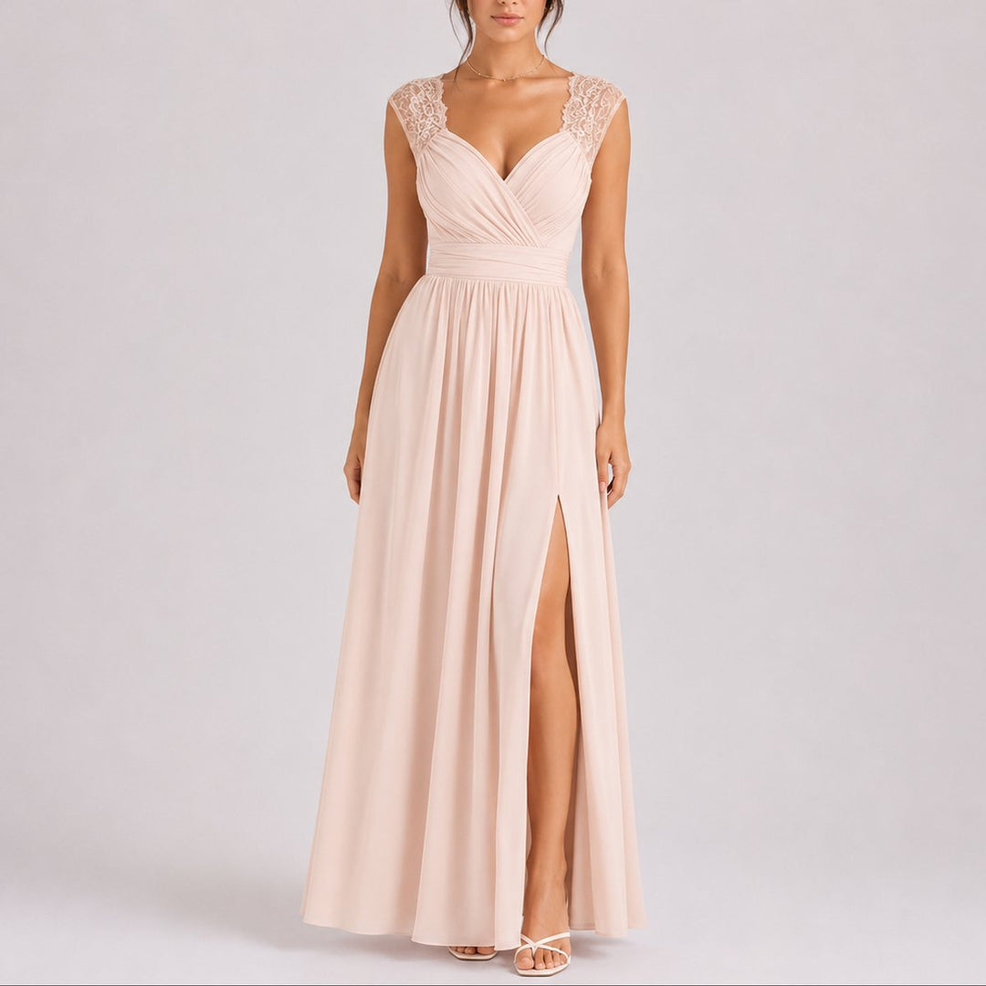 Isabella | Elegant Fall Wedding Lace Shoulder Wrap Maxi Dress
