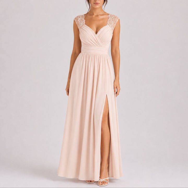 Isabella | Elegant Fall Wedding Lace Shoulder Wrap Maxi Dress