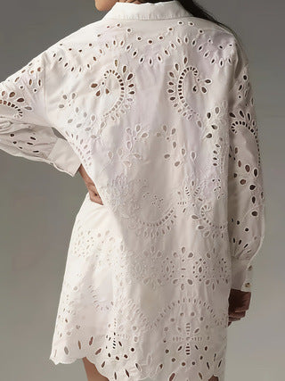 Camille | Breathable Eyelet Button-Down Tunic Shirt