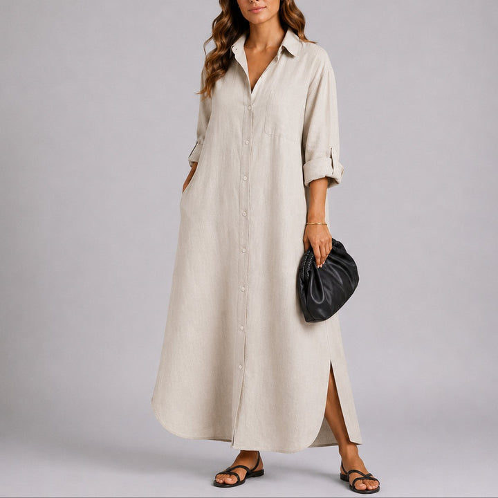 Beatrice | Lässiges Oversize-Leinen-Maxikleid mit Knopfleiste für Herbsthochzeiten