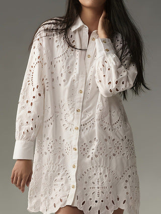 Camille | Breathable Eyelet Button-Down Tunic Shirt