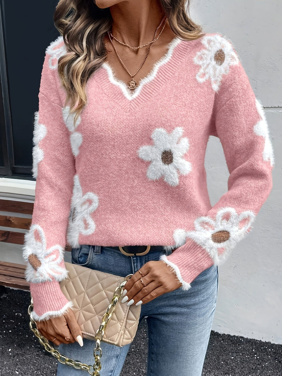 Lory | Floral Sweater – Elegant V-Neck Design for Women