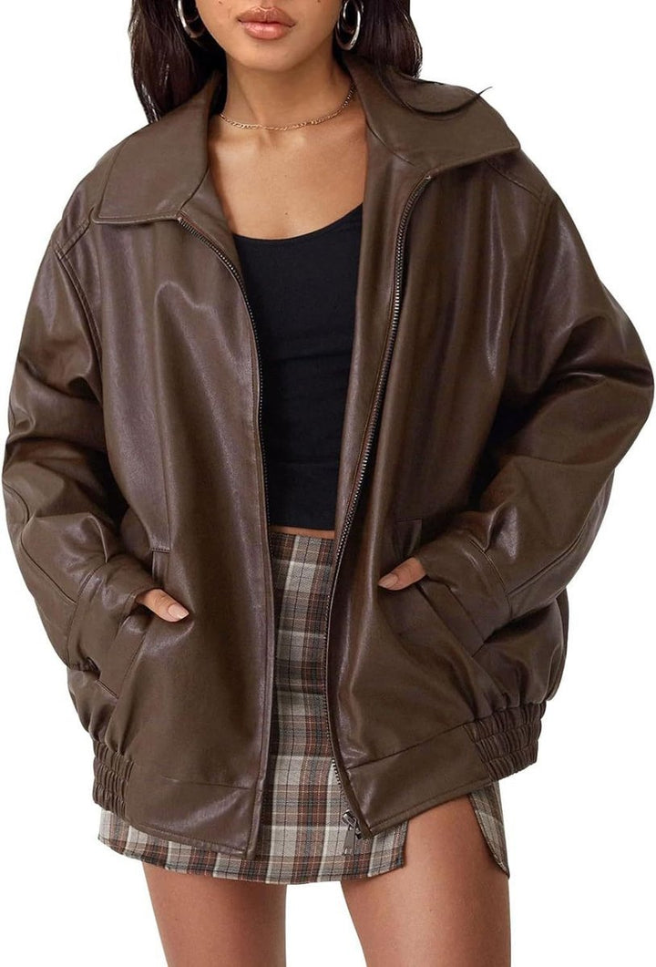 Ava | Bomber Jacket – Oversized Faux Leather for Women