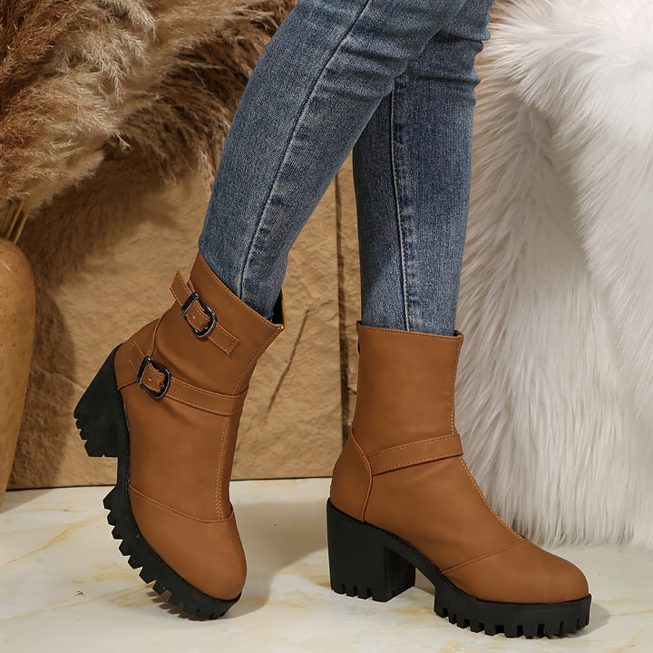 Olivia | Modern Block Heel Ankle Boots With Buckle Strap Details