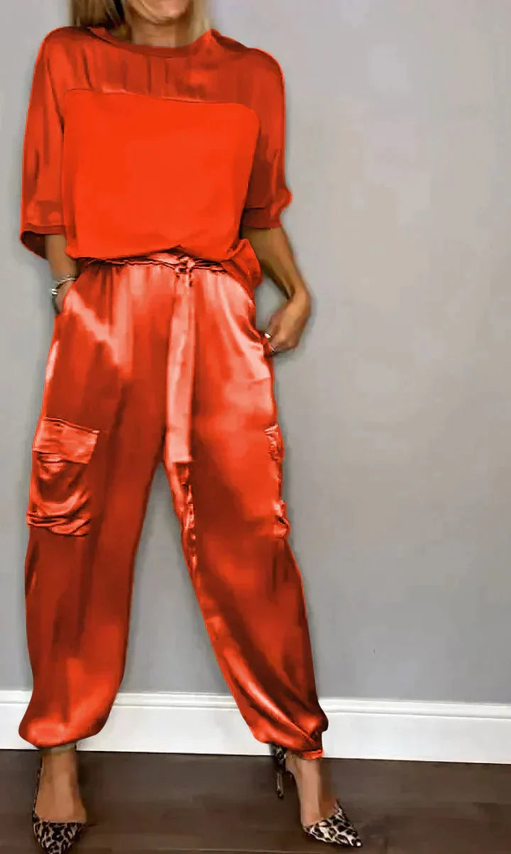 Genevieve | Luxurious Satin Half-Sleeve Two Piece Set