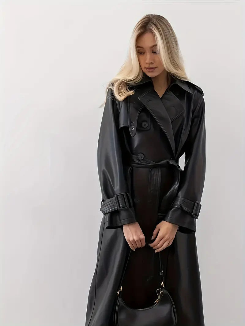 Valentina | Langer Kunstleder-Trenchcoat mit Gürtel und elegantem Stil