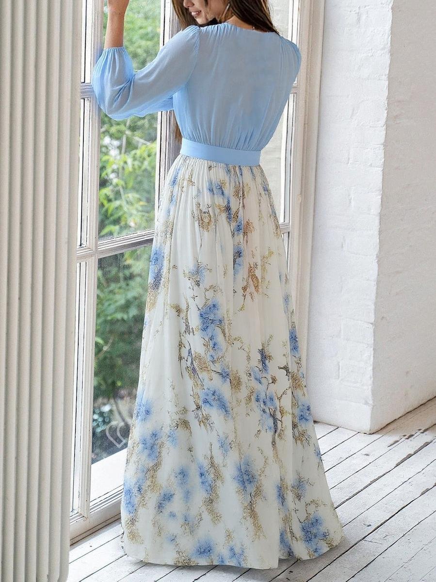 Camille | Elegant Floral Long-Sleeved Maxi Dress with Flowing Chiffon