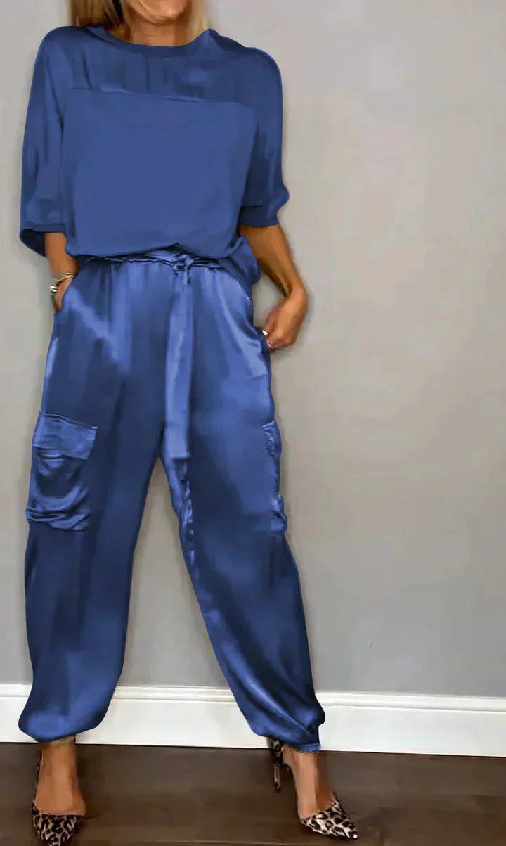 Genevieve | Luxurious Satin Half-Sleeve Two Piece Set