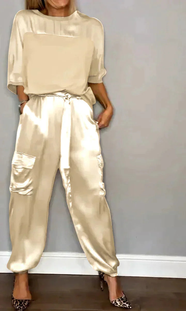 Genevieve | Luxurious Satin Half-Sleeve Two Piece Set