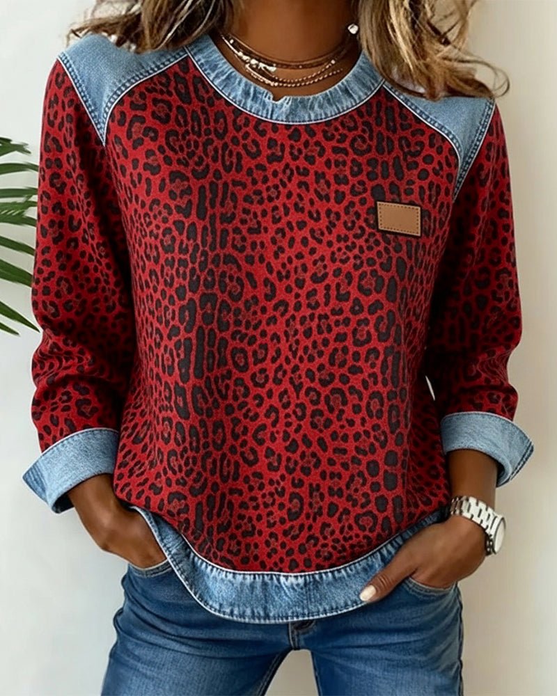 Leona | Sweaters – Stylish Leopard Print Denim Pullover