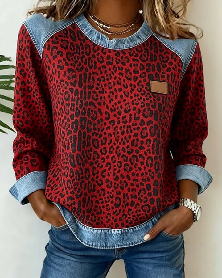Leona | Sweaters – Stylish Leopard Print Denim Pullover
