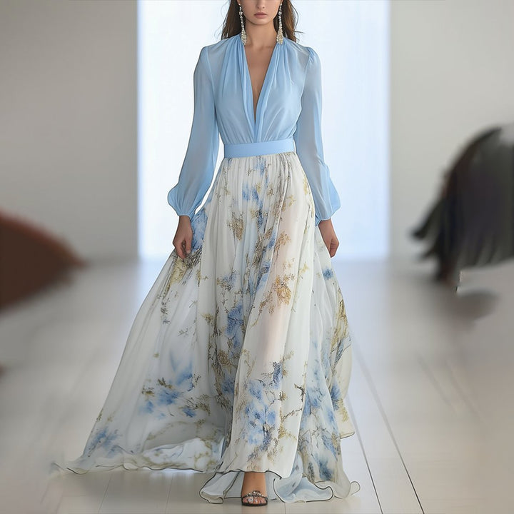 Camille | Elegant Floral Long-Sleeved Maxi Dress with Flowing Chiffon