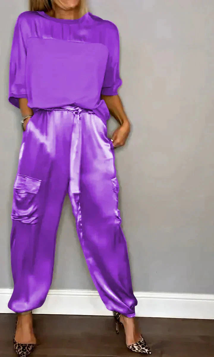 Genevieve | Luxurious Satin Half-Sleeve Two Piece Set