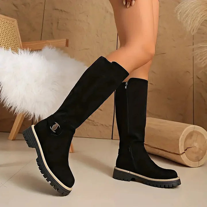 Bertine | Elegant Buckle Accent Knee High Boots
