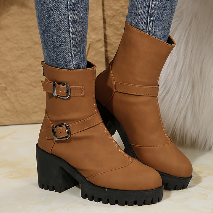 Olivia | Modern Block Heel Ankle Boots With Buckle Strap Details
