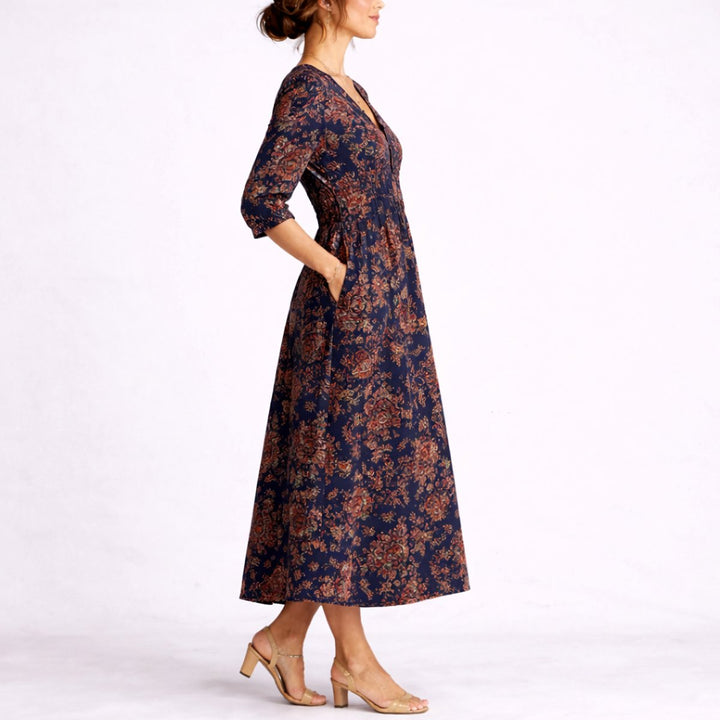 Victoria | Fall Wedding Floral Printed V-Neck Midi Dress