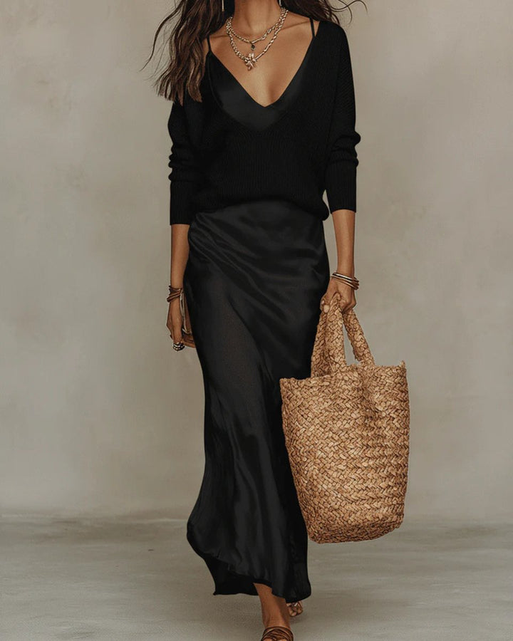 Natalie | Elegant Long-Sleeved Midi Dress with Satin and Knit