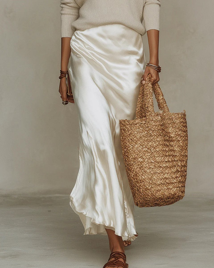 Natalie | Elegant Long-Sleeved Midi Dress with Satin and Knit