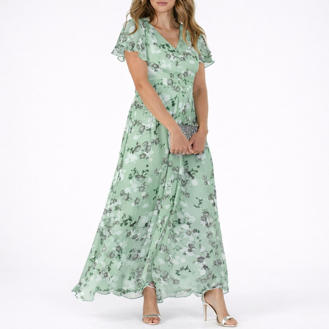 Annabelle | Fall Wedding Floral Chiffon Flutter Sleeve Maxi Dress