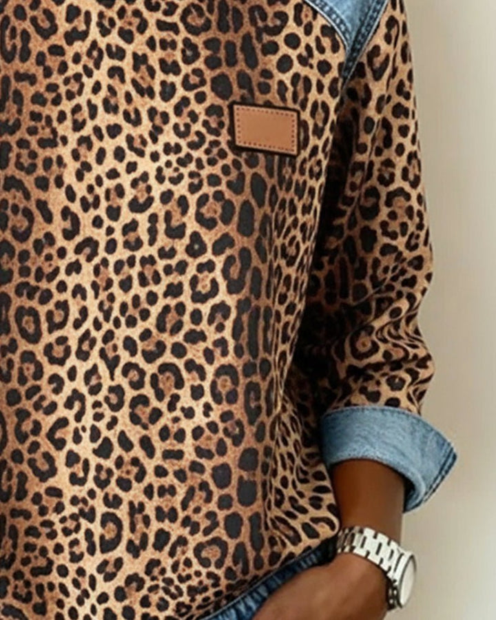 Leona | Sweaters – Stylish Leopard Print Denim Pullover