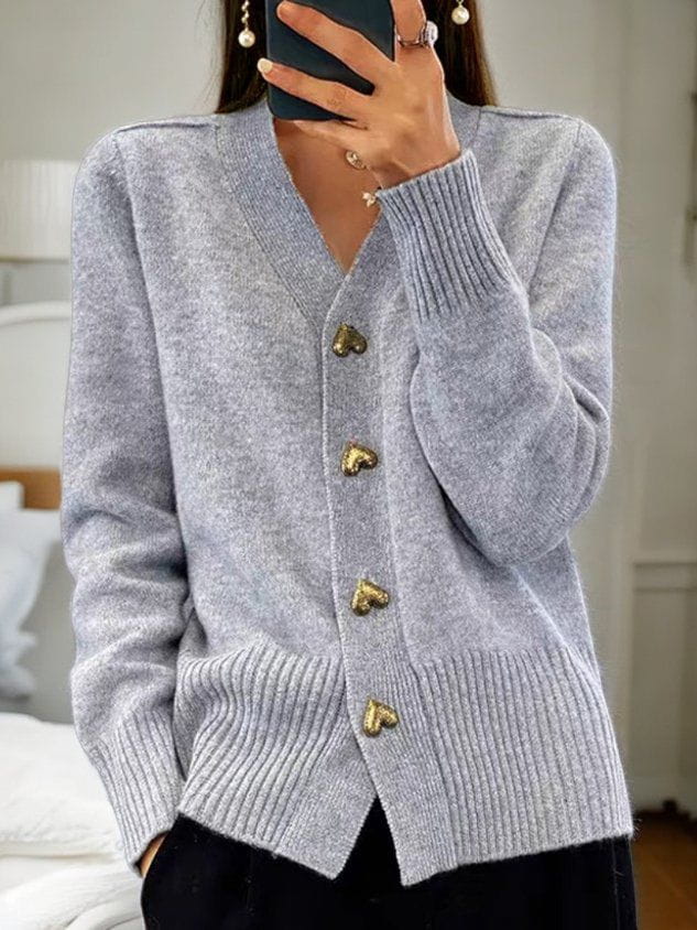 Chloe | Charming Heart-Button V-Neck Knit Cardigan