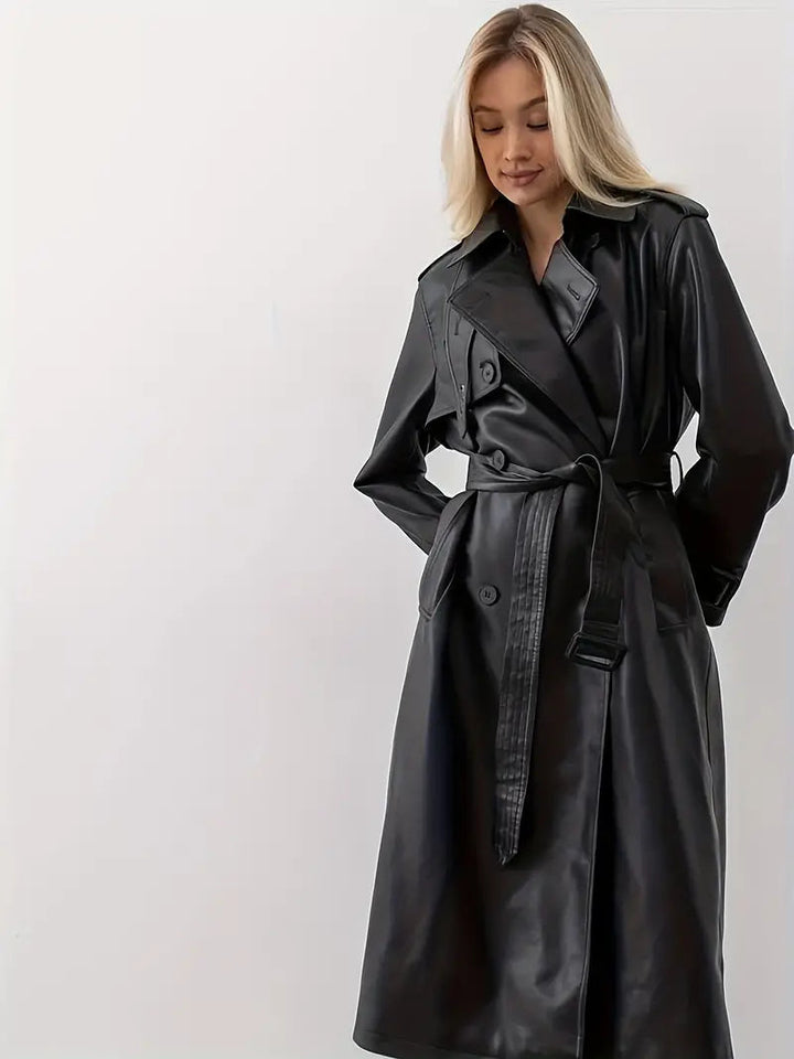 Valentina | Langer Kunstleder-Trenchcoat mit Gürtel und elegantem Stil