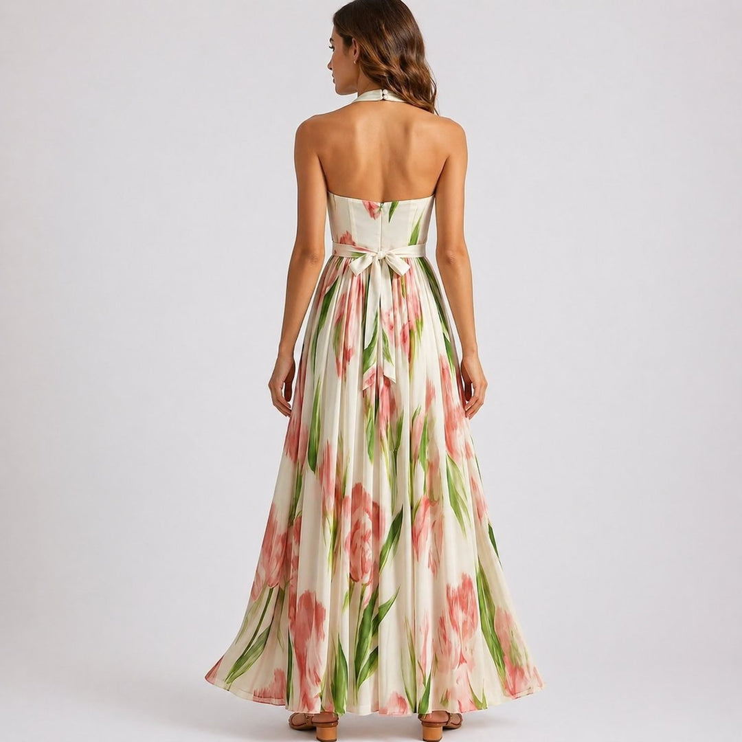 Josephine | Fall Wedding Halter Neck Watercolour Floral Maxi Dress