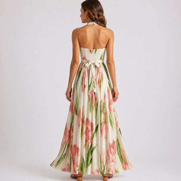 Josephine | Fall Wedding Halter Neck Watercolour Floral Maxi Dress