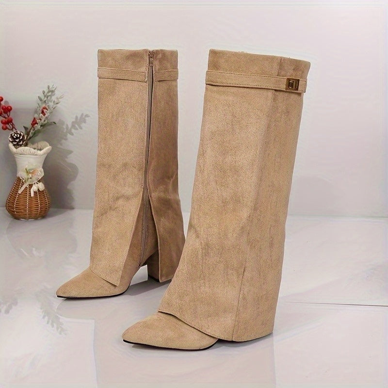Stefanie | Elegant Buckle Cuff Suede Knee High Boots
