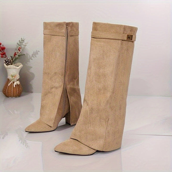 Stefanie | Elegant Buckle Cuff Suede Knee High Boots