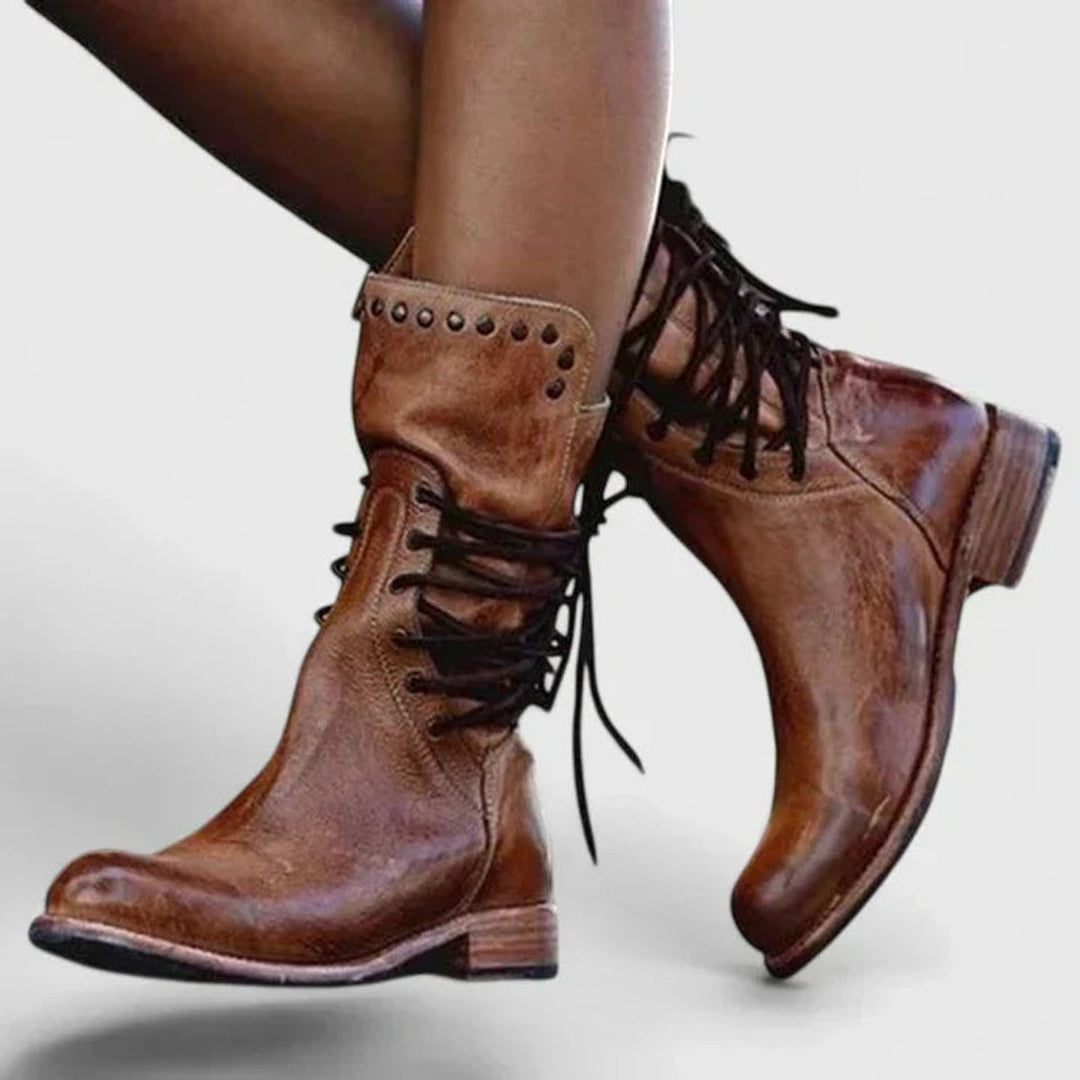 Ella | Vintage Lace-Up Studded Knee High Boots