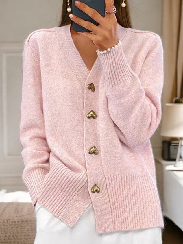 Chloe | Charming Heart-Button V-Neck Knit Cardigan