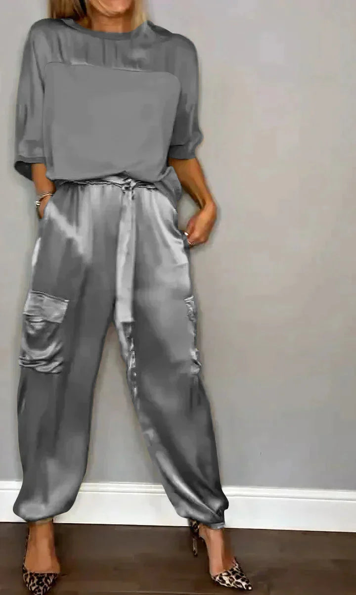Genevieve | Luxurious Satin Half-Sleeve Two Piece Set