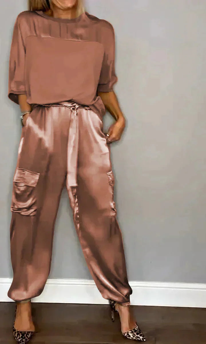 Genevieve | Luxurious Satin Half-Sleeve Two Piece Set