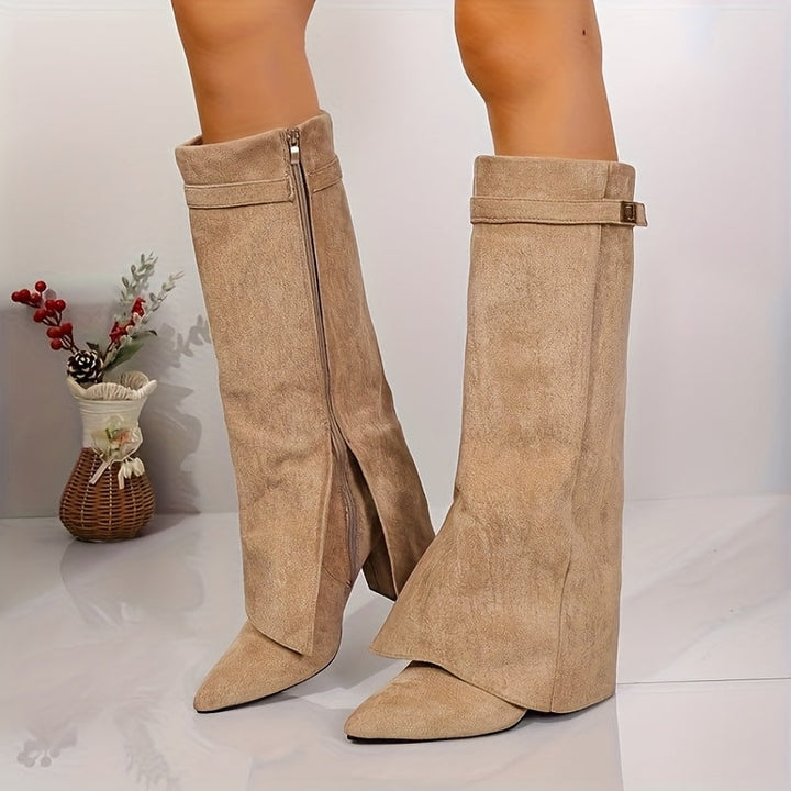 Stefanie | Elegant Buckle Cuff Suede Knee High Boots