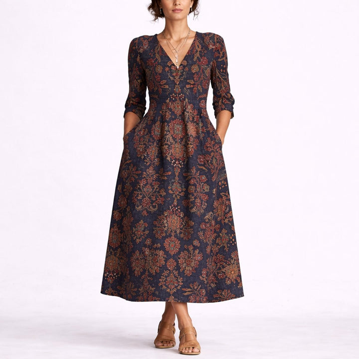 Victoria | Fall Wedding Floral Printed V-Neck Midi Dress