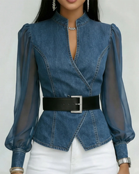 Harper | Elegante Top in Denim con Maniche in Chiffon e Incrocio
