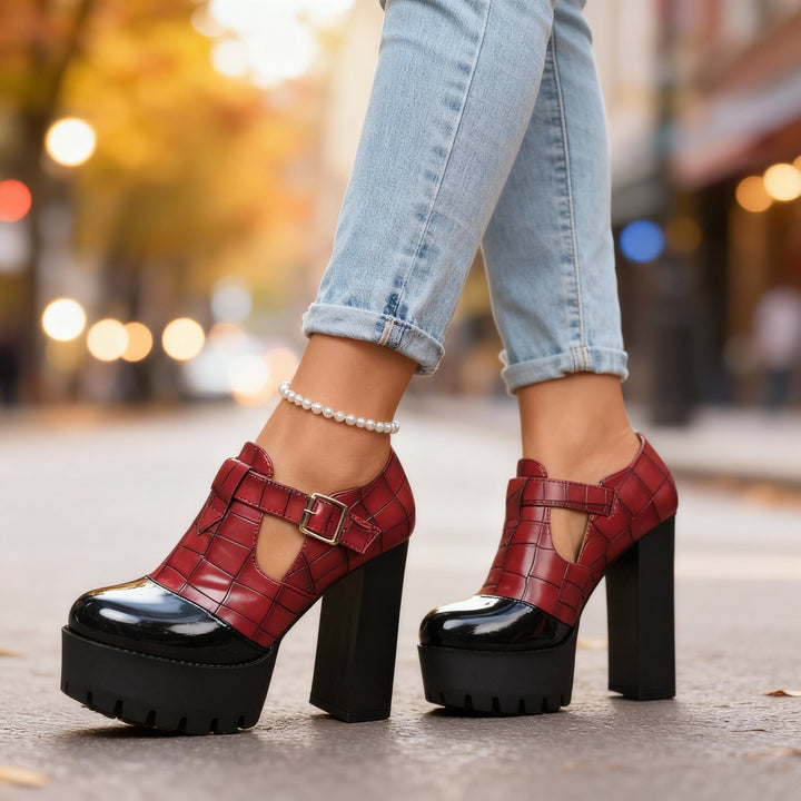 Amelia | Chic Croc Embossed Platform Block Heel Pumps 0