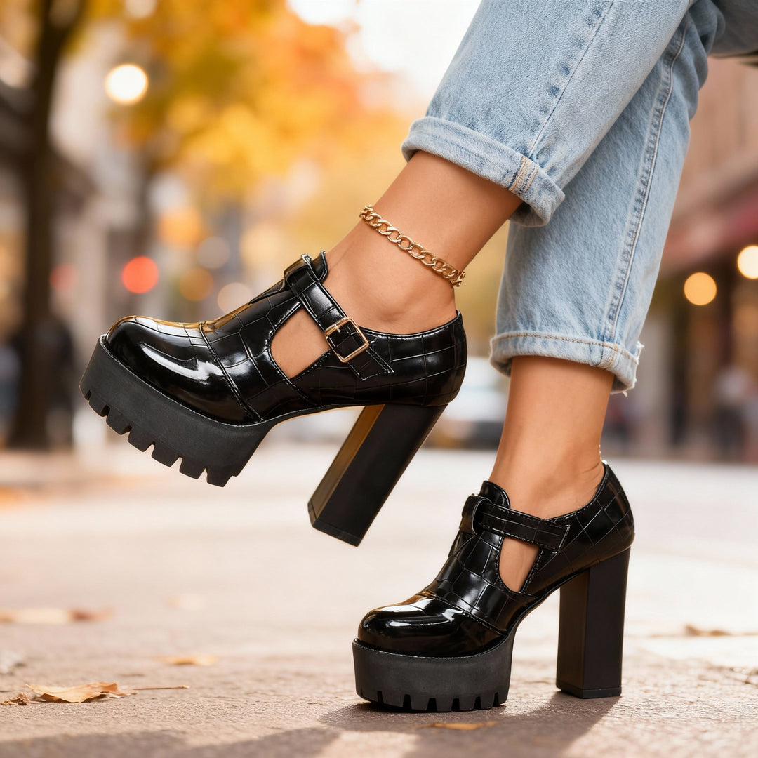 Amelia | Chic Croc Embossed Platform Block Heel Pumps 9