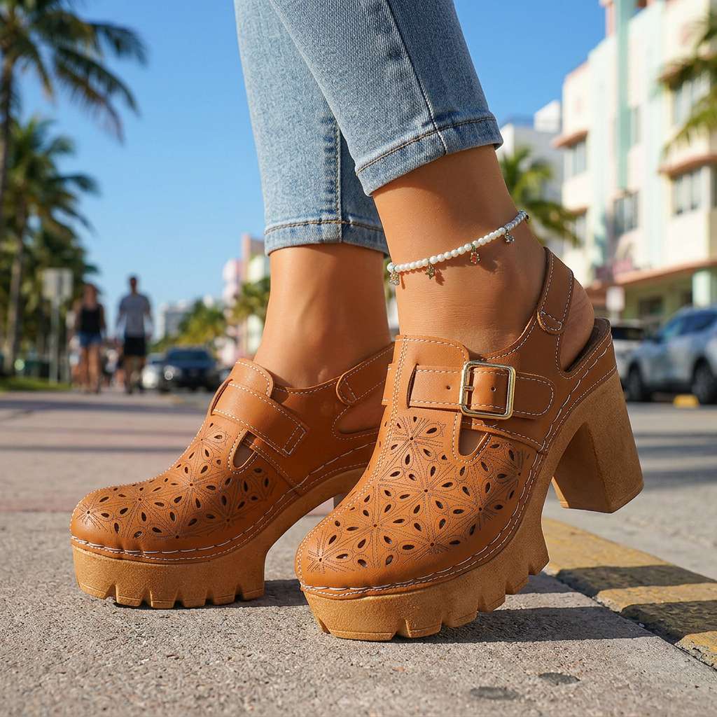 Annabelle | Floral Cutout Platform Block Heel Clogs 1