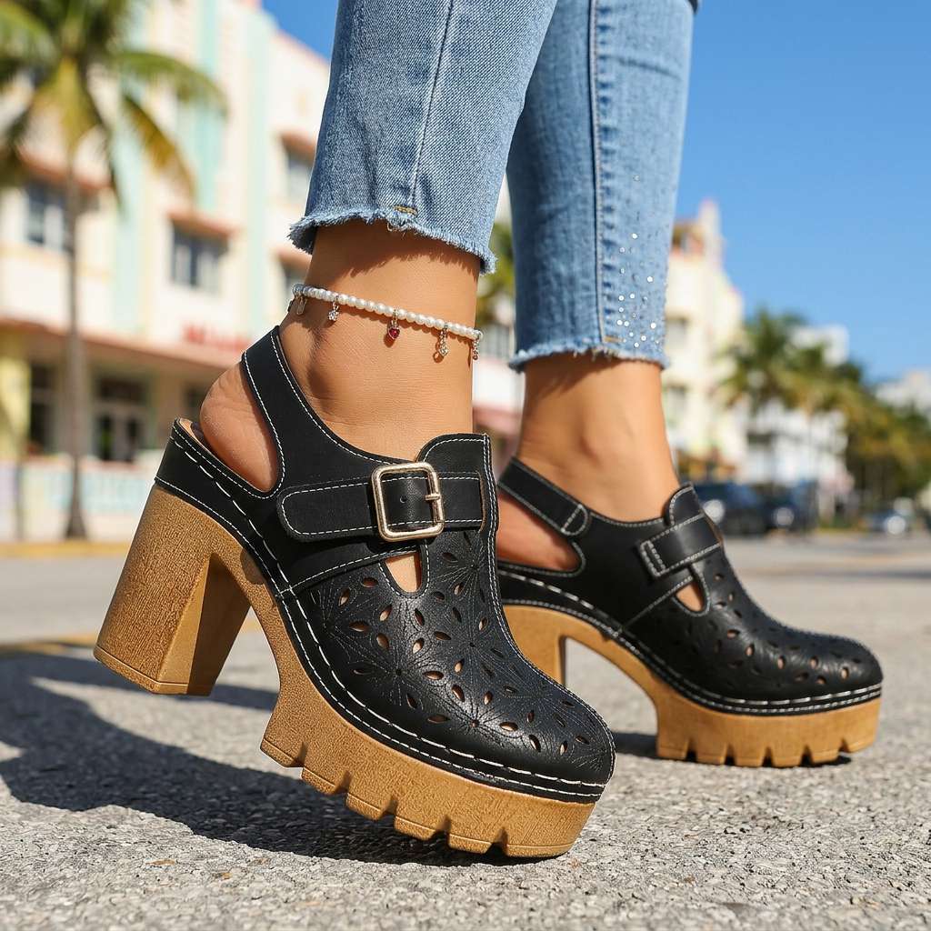 Annabelle | Floral Cutout Platform Block Heel Clogs 2