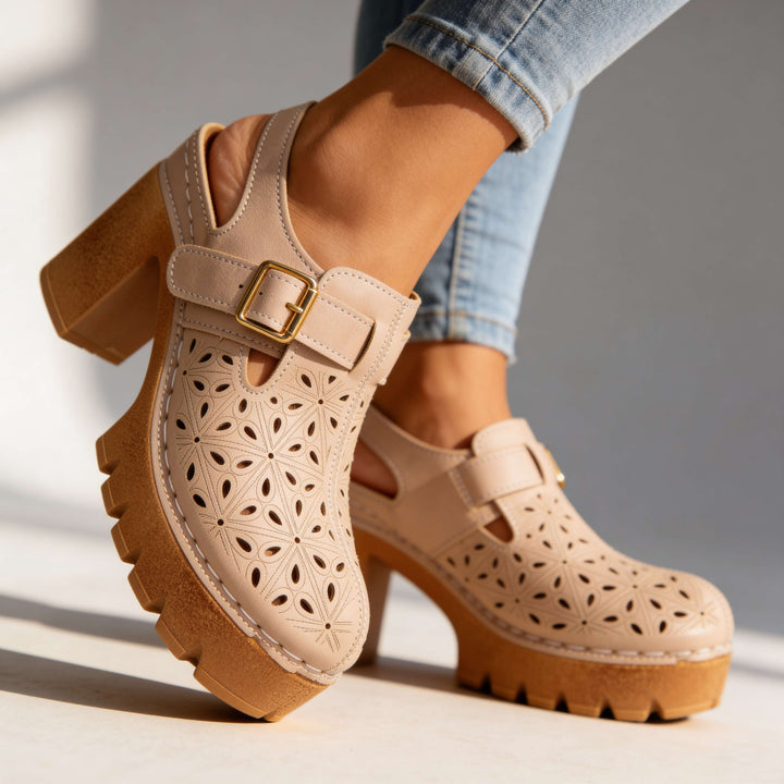 Annabelle | Floral Cutout Platform Block Heel Clogs 9