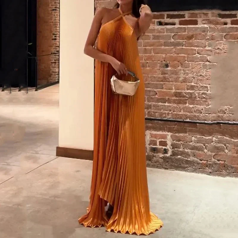 Aria | Elegant Pleated Halter neck Maxi Wedding Guest Dress 2