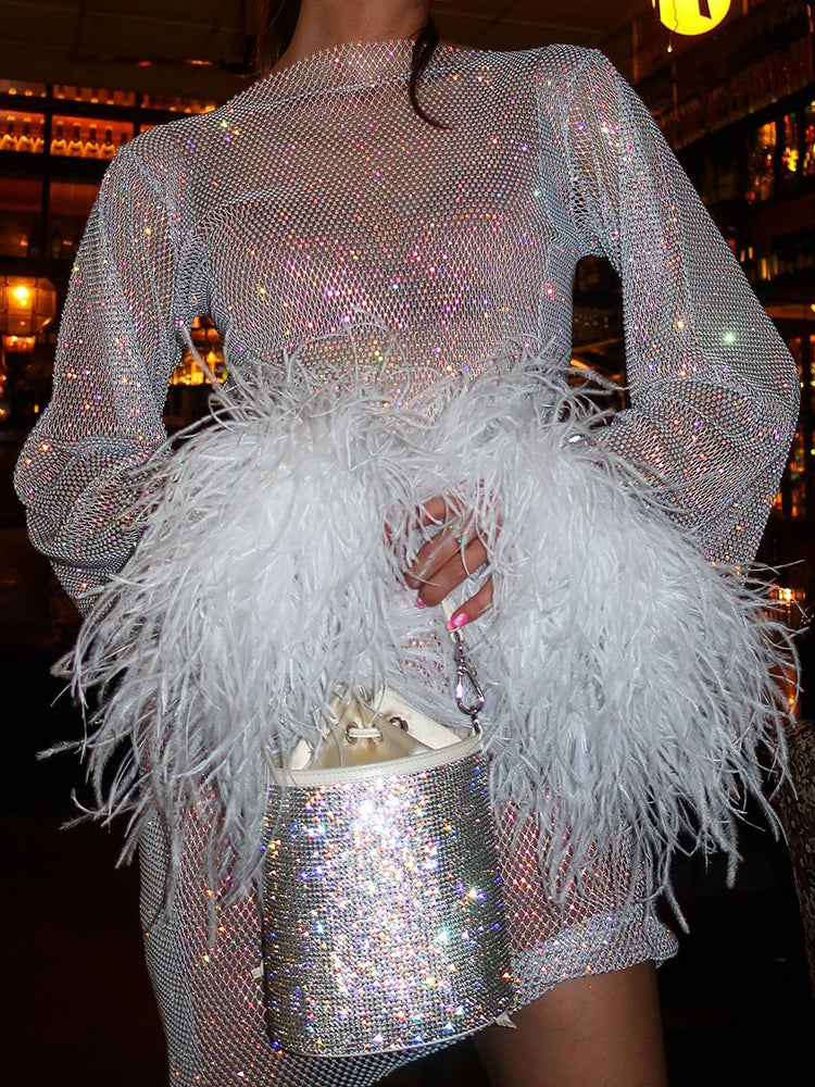 Aspyn | Shimmering Sequined Homecoming Dress with Elegant Feathered Cuffs 5