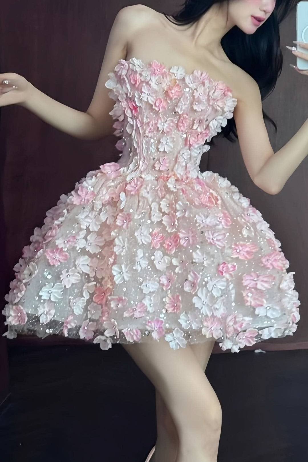 Aurora | Show-Stopping Strapless Floral Cocktail Mini Dress 0